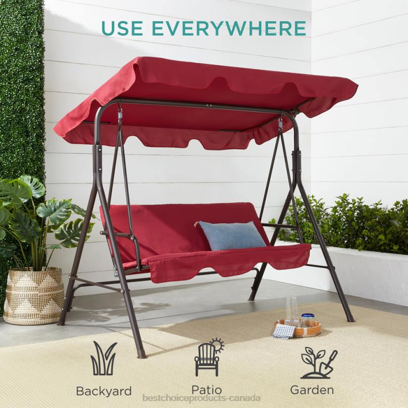 4LT2396 Burgundy Best Choice Products 2-Person Outdoor Canopy Swing Glider Furniture w/ Cushions, Steel Frame