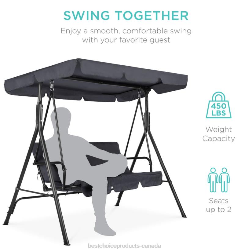 4LT2398 Gray Best Choice Products 2-Person Outdoor Canopy Swing Glider Furniture w/ Cushions, Steel Frame