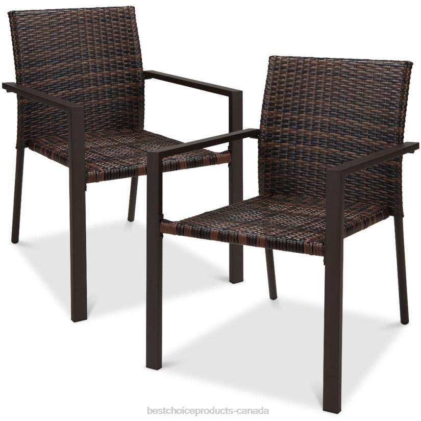 4LT2401 Brown Best Choice Products Set of 2 Stackable Wicker Chairsw/ Armrests, Steel Accent Furniture
