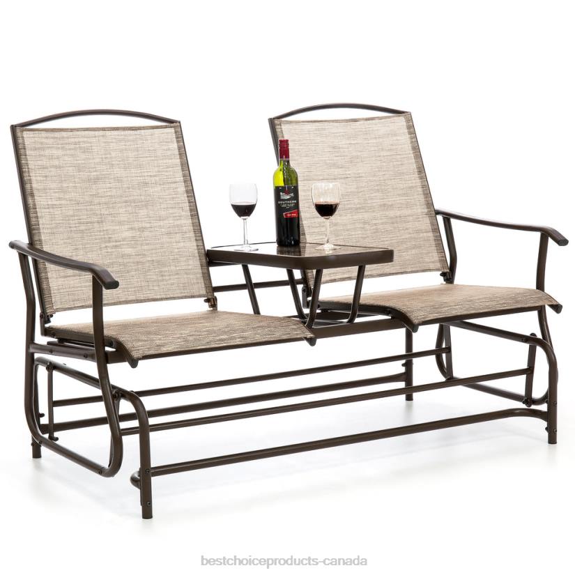 4LT2435 Brown Best Choice Products 2-Person Outdoor Mesh Double Glider w/ Tempered Glass Attached Table