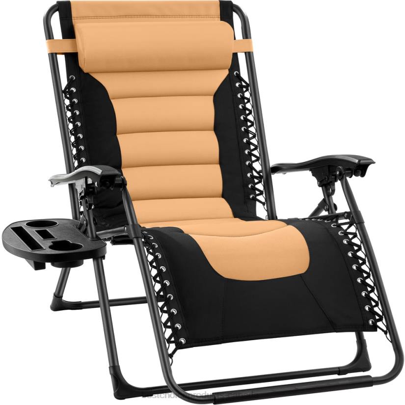 4LT2749 Tan/Black Best Choice Products Oversized Padded Zero Gravity Chair, Folding Recliner w/ Headrest, Side Tray