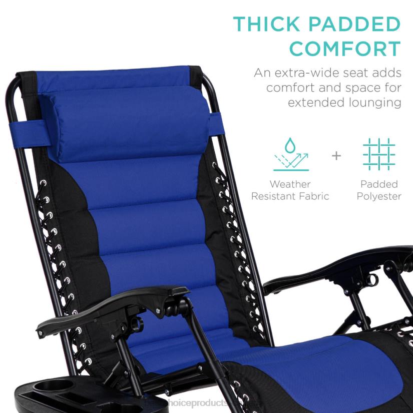 4LT2751 Blue/Black Best Choice Products Oversized Padded Zero Gravity Chair, Folding Recliner w/ Headrest, Side Tray