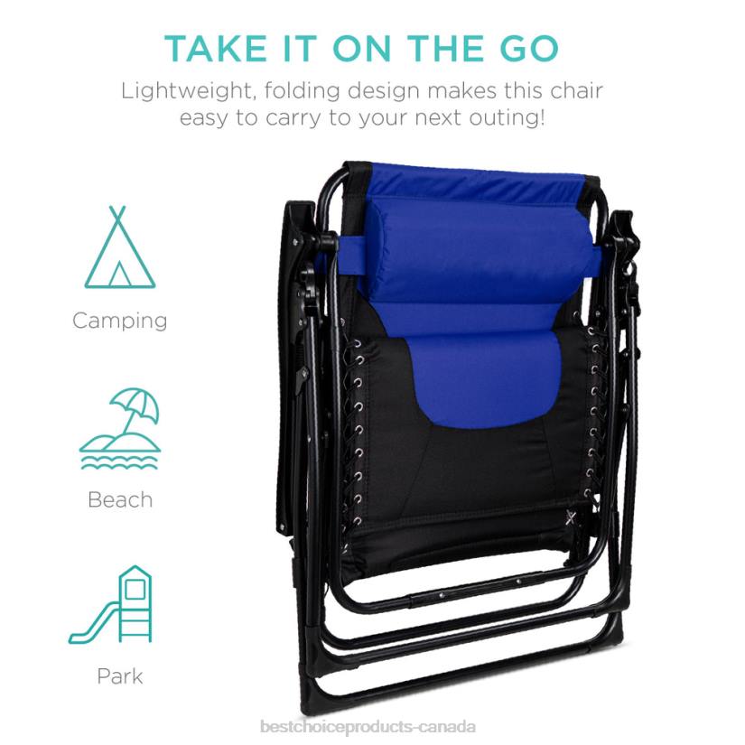 4LT2751 Blue/Black Best Choice Products Oversized Padded Zero Gravity Chair, Folding Recliner w/ Headrest, Side Tray