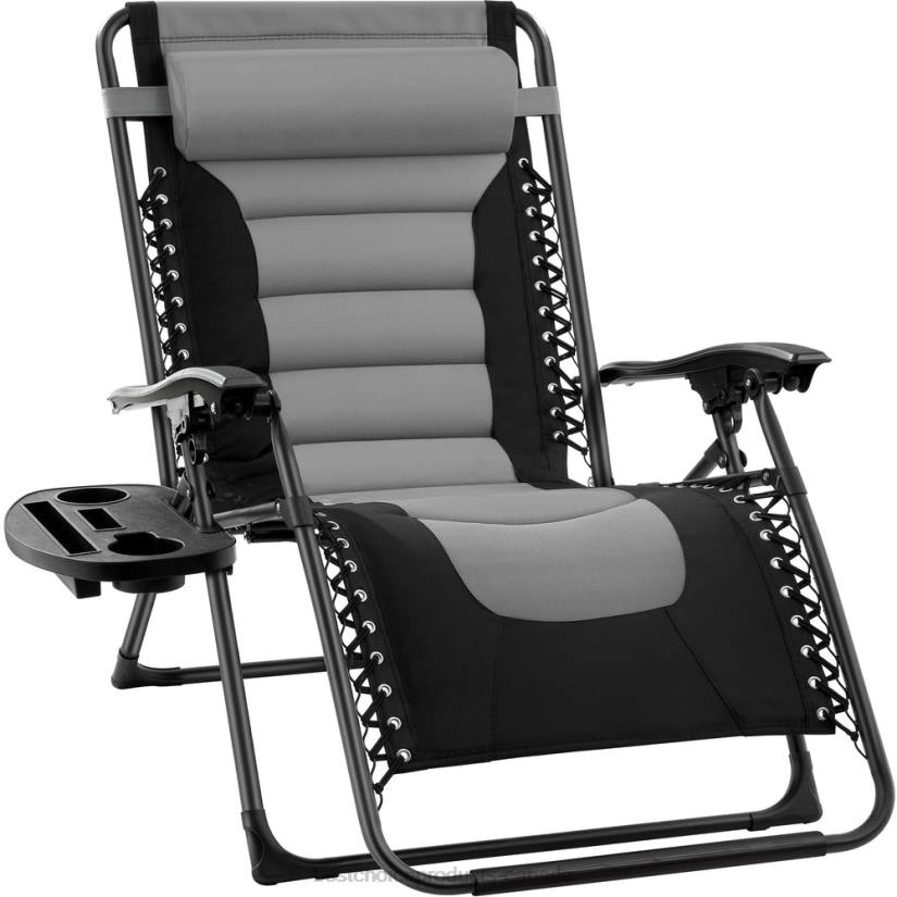 4LT2752 Gray/Black Best Choice Products Oversized Padded Zero Gravity Chair, Folding Recliner w/ Headrest, Side Tray