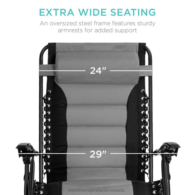 4LT2752 Gray/Black Best Choice Products Oversized Padded Zero Gravity Chair, Folding Recliner w/ Headrest, Side Tray