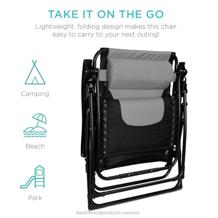 4LT2752 Gray/Black Best Choice Products Oversized Padded Zero Gravity Chair, Folding Recliner w/ Headrest, Side Tray