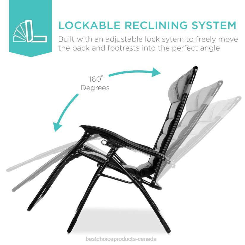 4LT2752 Gray/Black Best Choice Products Oversized Padded Zero Gravity Chair, Folding Recliner w/ Headrest, Side Tray