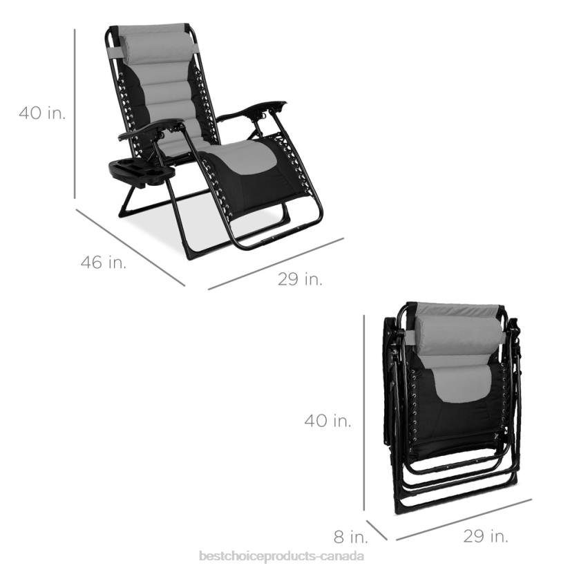 4LT2752 Gray/Black Best Choice Products Oversized Padded Zero Gravity Chair, Folding Recliner w/ Headrest, Side Tray