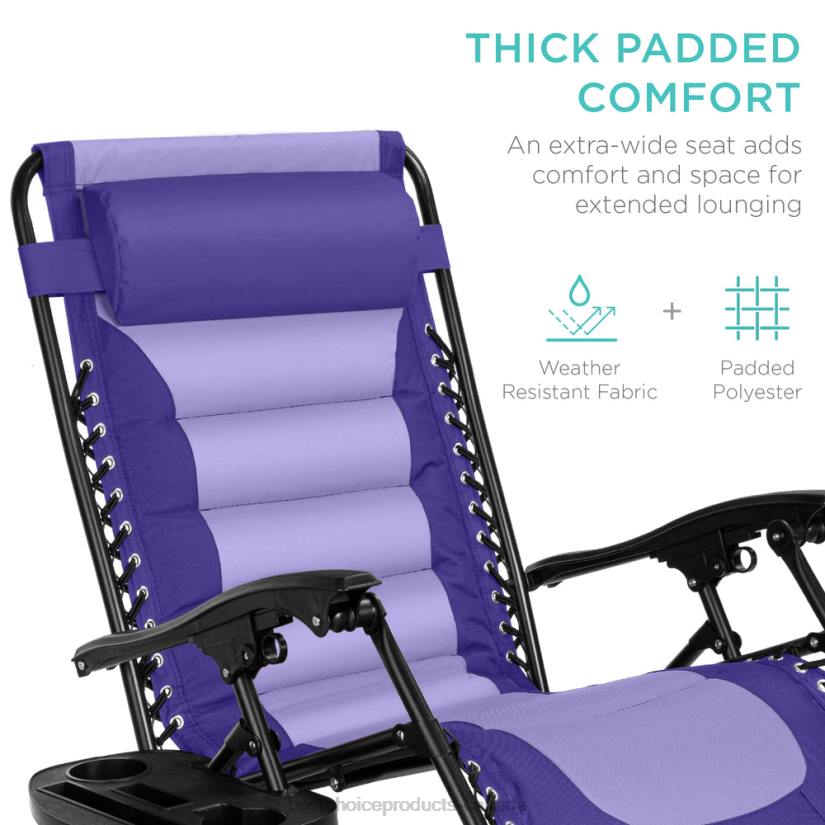 4LT2758 Purple/Violet Best Choice Products Oversized Padded Zero Gravity Chair, Folding Recliner w/ Headrest, Side Tray