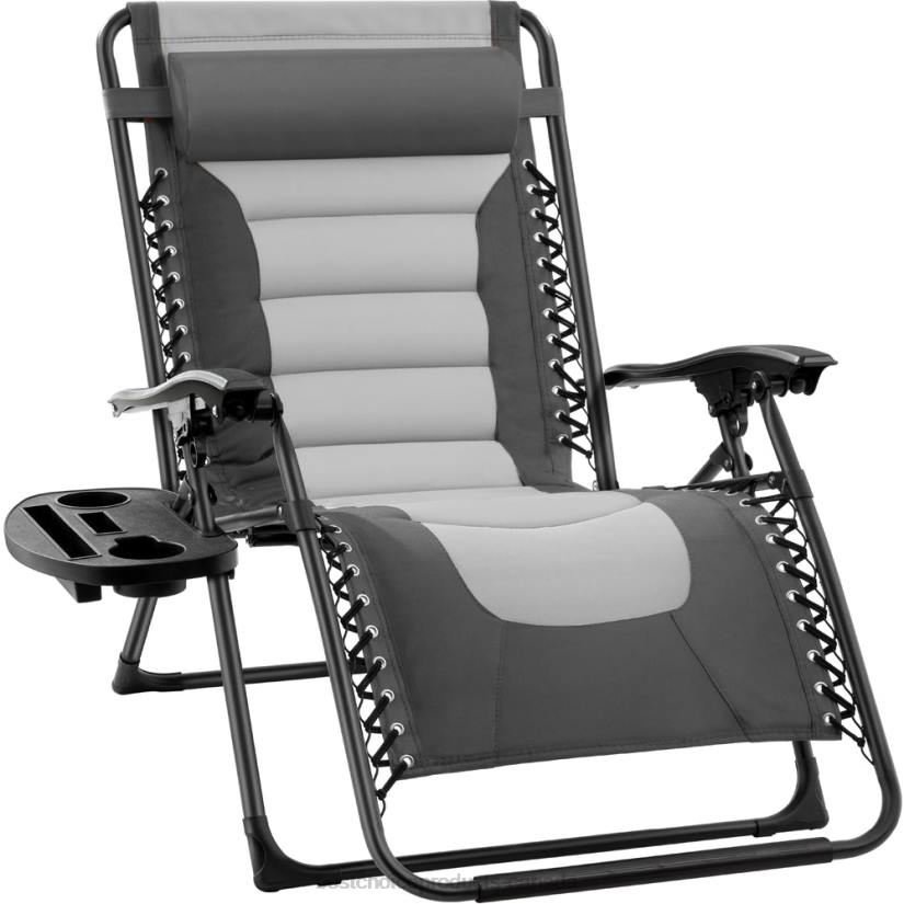 4LT2759 Gray/Light Gray Best Choice Products Oversized Padded Zero Gravity Chair, Folding Recliner w/ Headrest, Side Tray