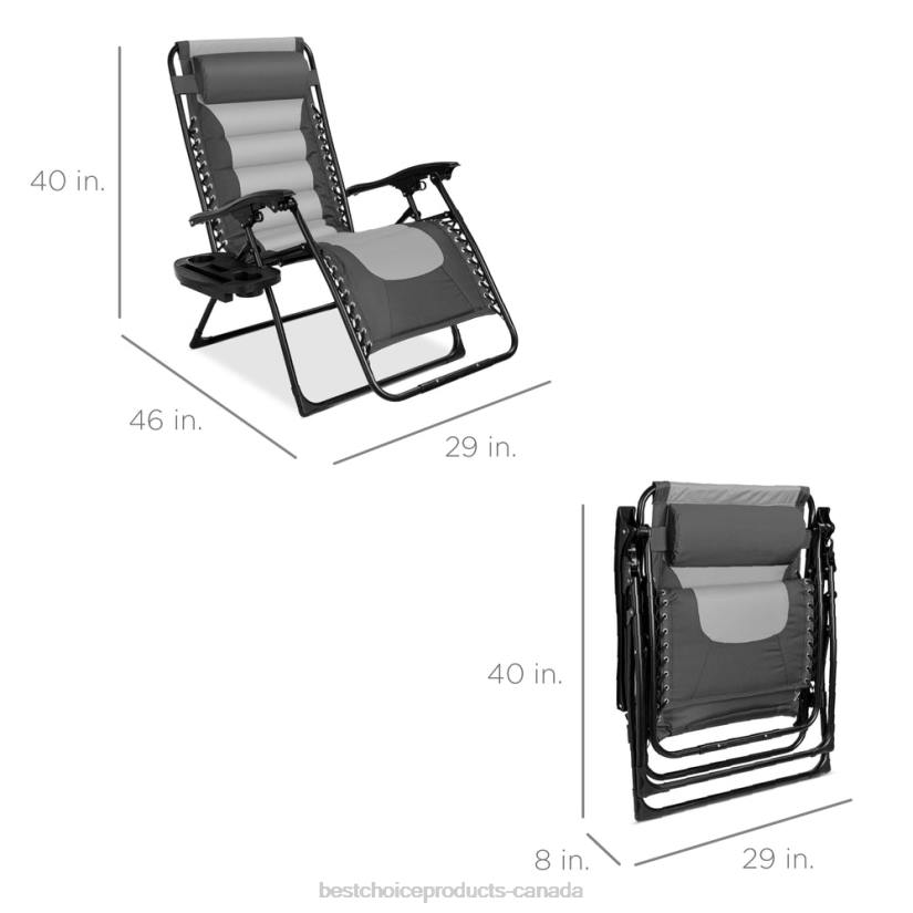 4LT2759 Gray/Light Gray Best Choice Products Oversized Padded Zero Gravity Chair, Folding Recliner w/ Headrest, Side Tray