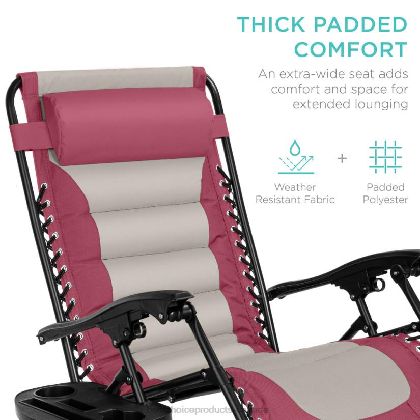 4LT2762 Pink/Taupe Best Choice Products Oversized Padded Zero Gravity Chair, Folding Recliner w/ Headrest, Side Tray