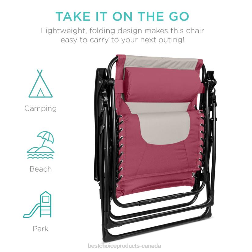 4LT2762 Pink/Taupe Best Choice Products Oversized Padded Zero Gravity Chair, Folding Recliner w/ Headrest, Side Tray