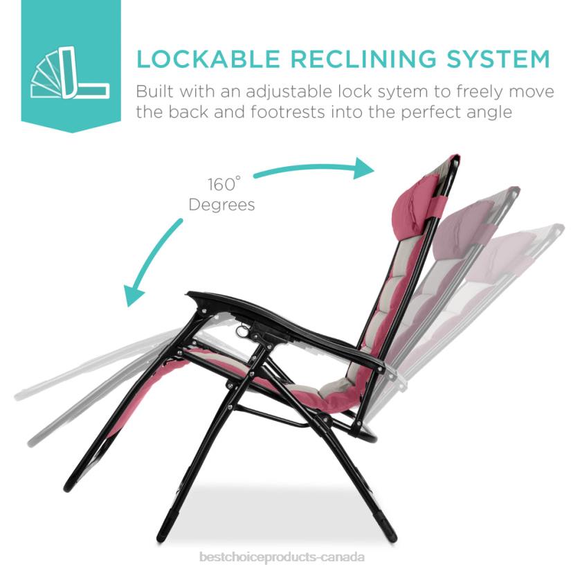 4LT2762 Pink/Taupe Best Choice Products Oversized Padded Zero Gravity Chair, Folding Recliner w/ Headrest, Side Tray