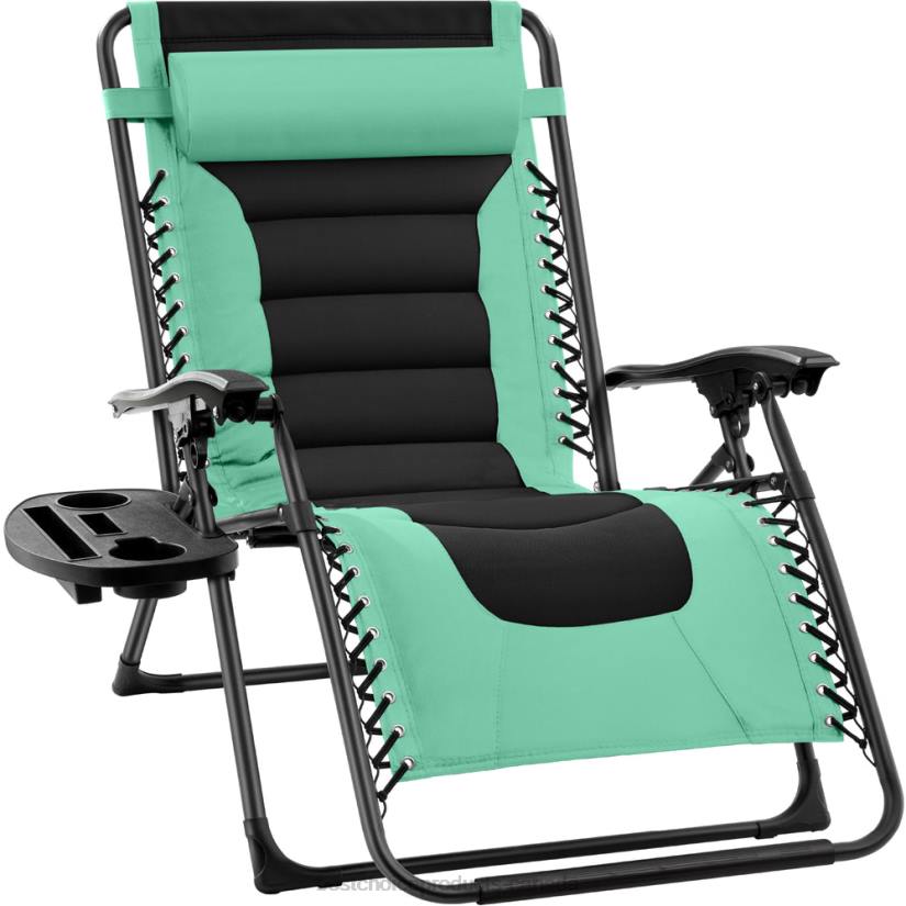 4LT2763 Seafoam Green/Black Best Choice Products Oversized Padded Zero Gravity Chair, Folding Recliner w/ Headrest, Side Tray