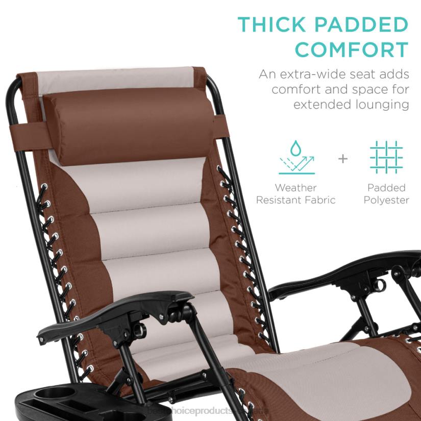 4LT2765 Brown/Oyster Best Choice Products Oversized Padded Zero Gravity Chair, Folding Recliner w/ Headrest, Side Tray