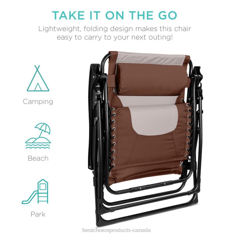 4LT2765 Brown/Oyster Best Choice Products Oversized Padded Zero Gravity Chair, Folding Recliner w/ Headrest, Side Tray