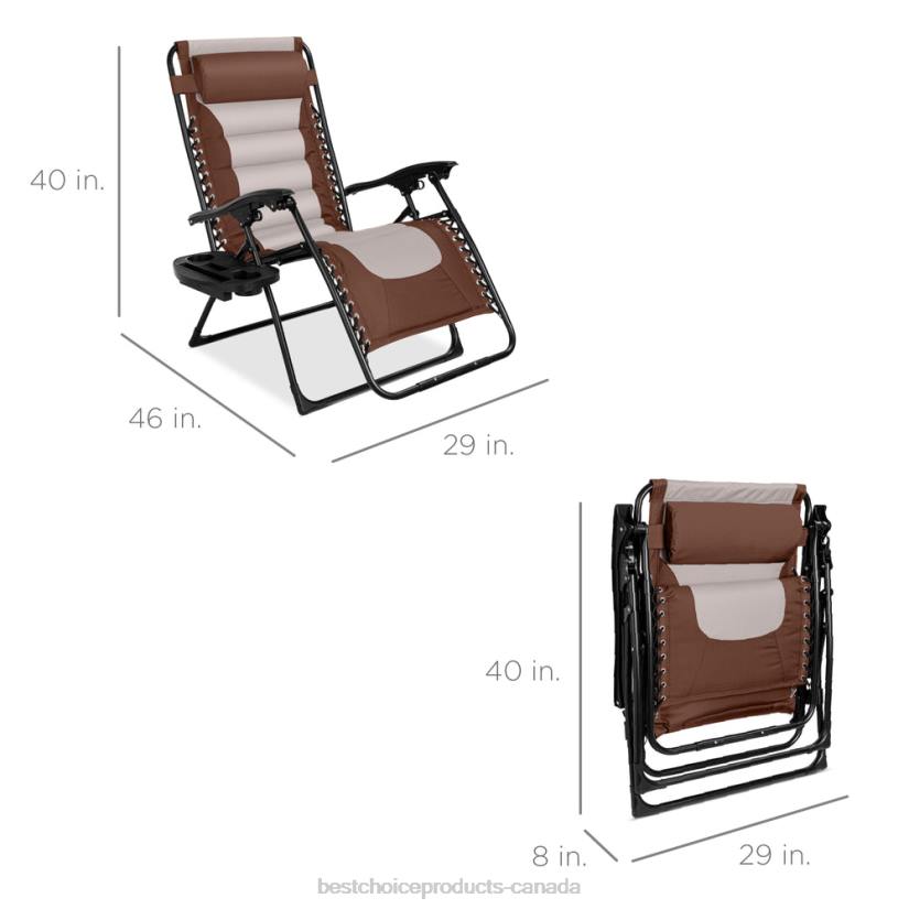 4LT2765 Brown/Oyster Best Choice Products Oversized Padded Zero Gravity Chair, Folding Recliner w/ Headrest, Side Tray