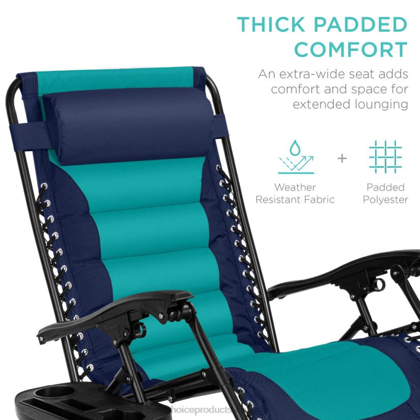 4LT2766 Navy/Teal Best Choice Products Oversized Padded Zero Gravity Chair, Folding Recliner w/ Headrest, Side Tray