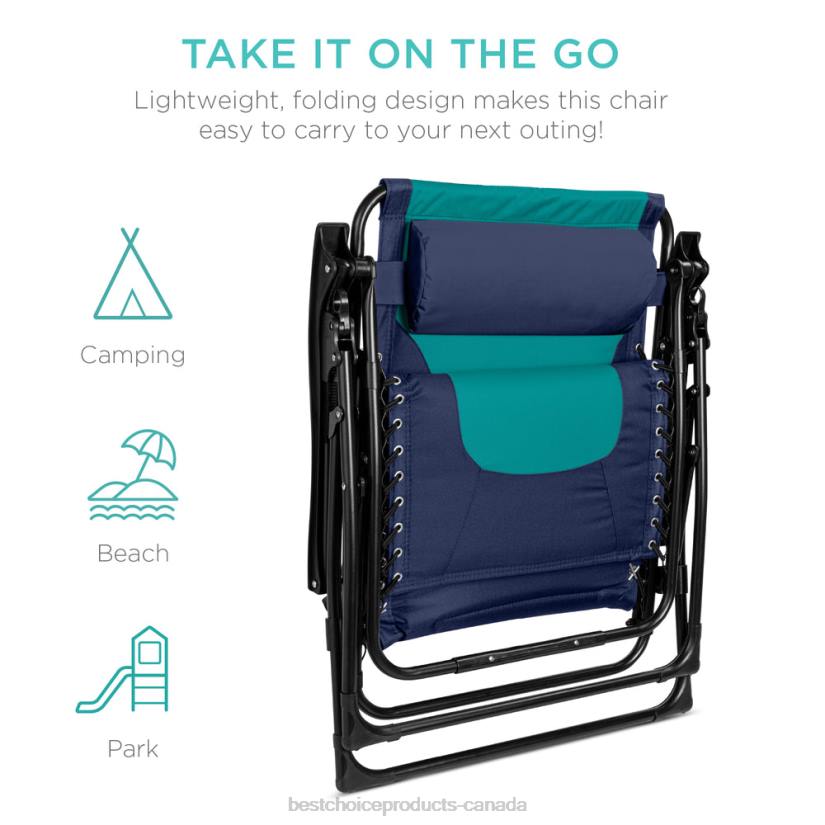 4LT2766 Navy/Teal Best Choice Products Oversized Padded Zero Gravity Chair, Folding Recliner w/ Headrest, Side Tray