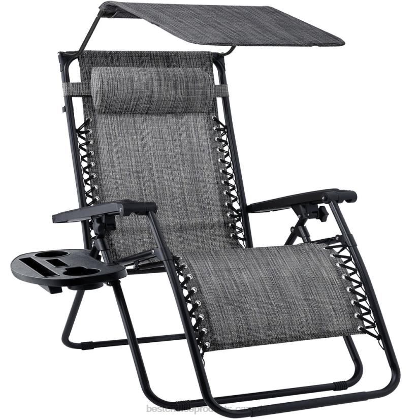 4LT2769 Gray Best Choice Products Folding Zero Gravity Recliner Patio Lounge Chair w/ Canopy, Side Tray