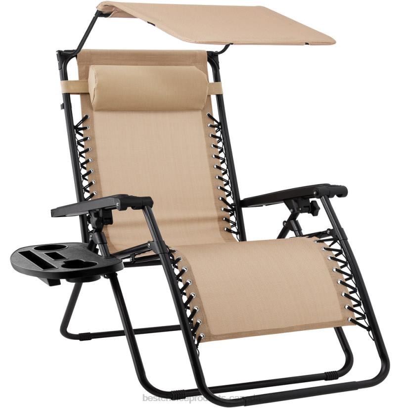 4LT2770 Beige Best Choice Products Folding Zero Gravity Recliner Patio Lounge Chair w/ Canopy, Side Tray