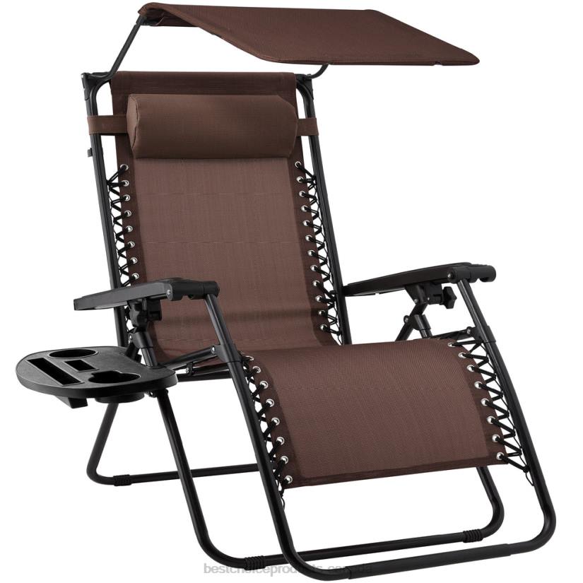 4LT2773 Brown Best Choice Products Folding Zero Gravity Recliner Patio Lounge Chair w/ Canopy, Side Tray
