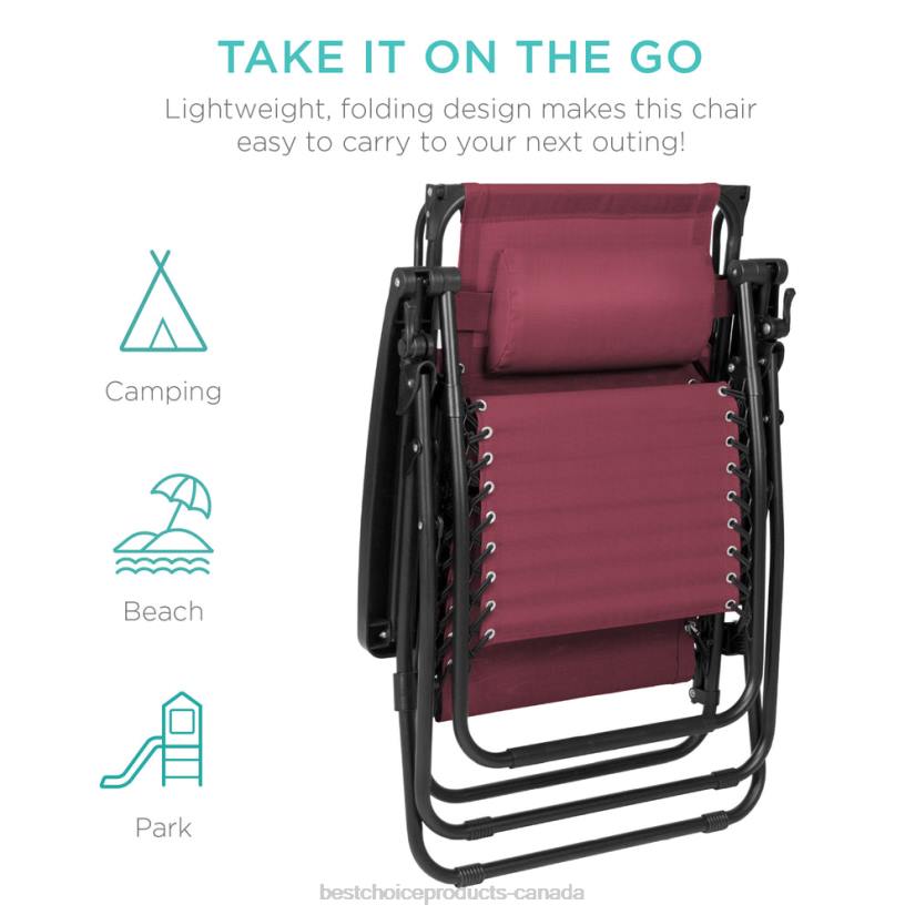 4LT2774 Burgundy Best Choice Products Folding Zero Gravity Recliner Patio Lounge Chair w/ Canopy, Side Tray