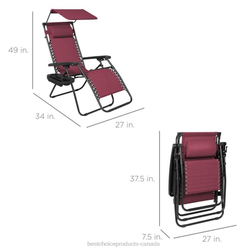 4LT2774 Burgundy Best Choice Products Folding Zero Gravity Recliner Patio Lounge Chair w/ Canopy, Side Tray