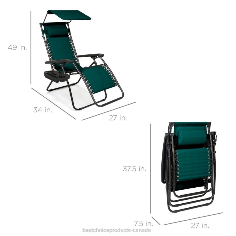 4LT2776 Forest Green Best Choice Products Folding Zero Gravity Recliner Patio Lounge Chair w/ Canopy, Side Tray