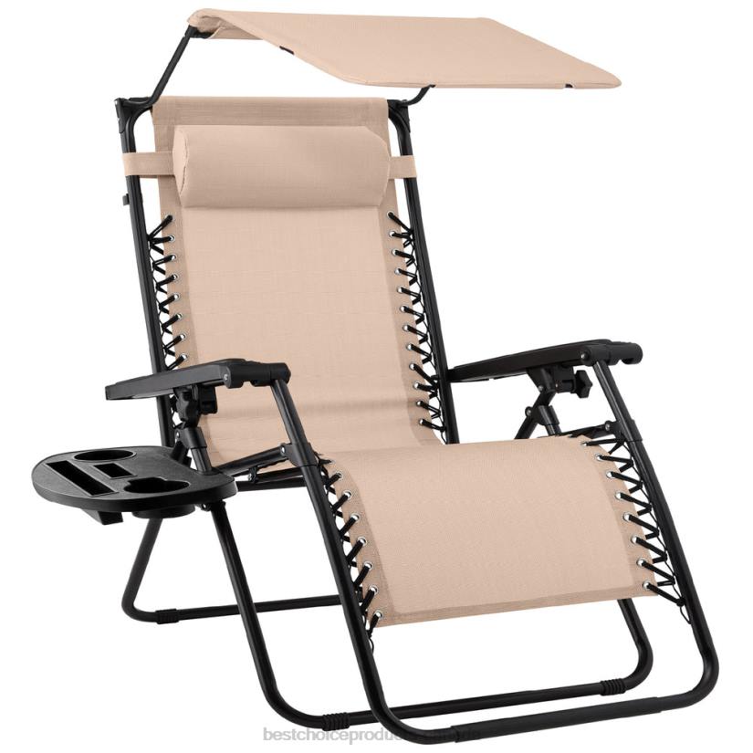 4LT2777 Sand Best Choice Products Folding Zero Gravity Recliner Patio Lounge Chair w/ Canopy, Side Tray