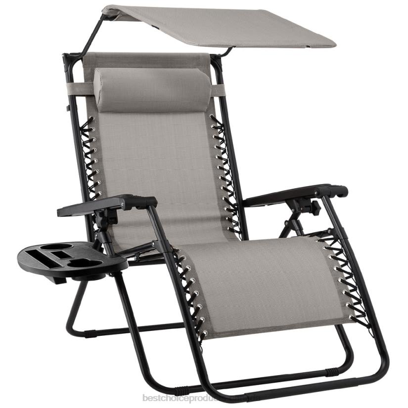 4LT2778 Ice Gray Best Choice Products Folding Zero Gravity Recliner Patio Lounge Chair w/ Canopy, Side Tray