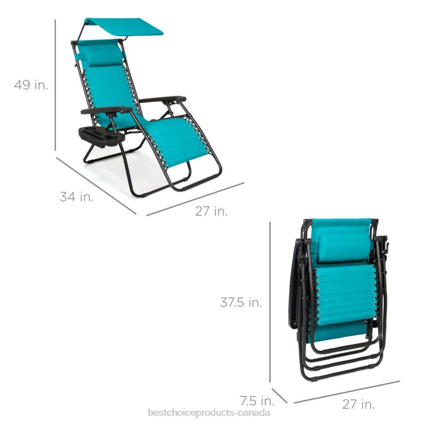 4LT2779 Peacock Blue Best Choice Products Folding Zero Gravity Recliner Patio Lounge Chair w/ Canopy, Side Tray
