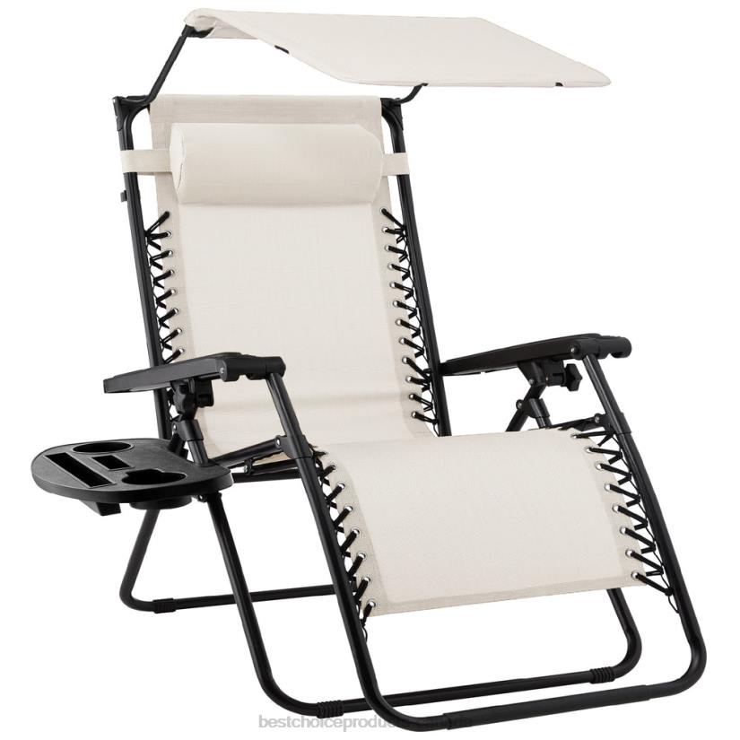 4LT2781 Ivory Best Choice Products Folding Zero Gravity Recliner Patio Lounge Chair w/ Canopy, Side Tray