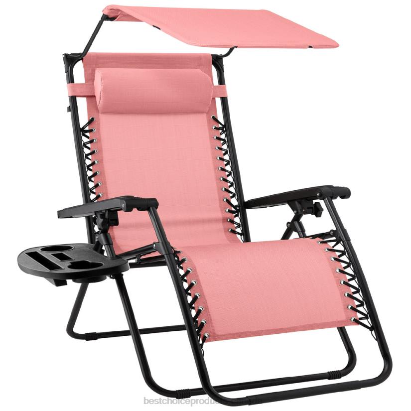 4LT2784 Pink Best Choice Products Folding Zero Gravity Recliner Patio Lounge Chair w/ Canopy, Side Tray