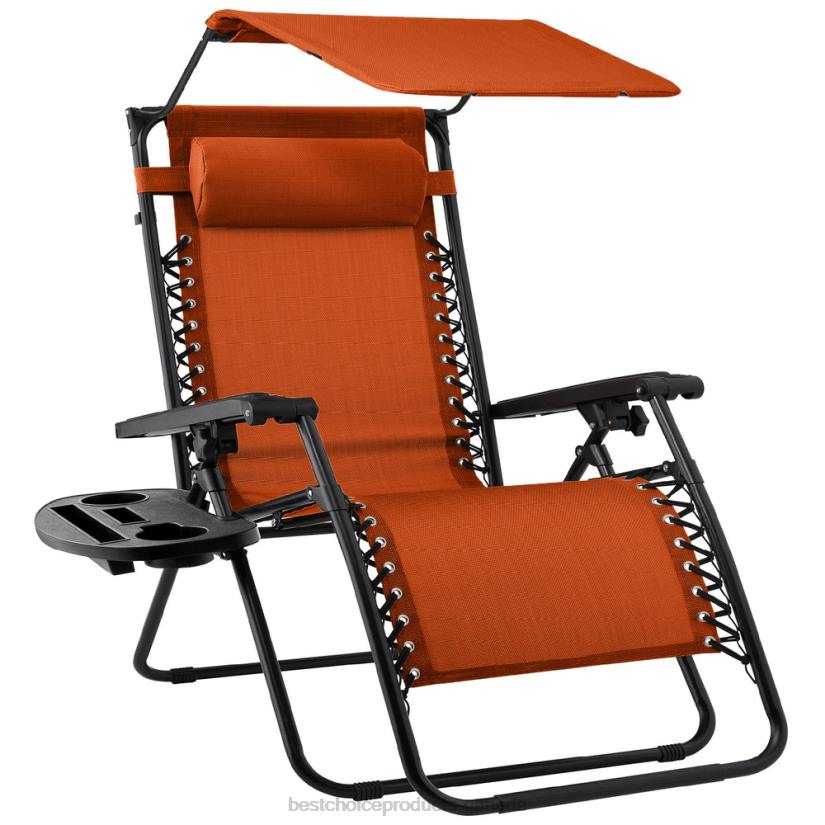 4LT2785 Burnt Orange Best Choice Products Folding Zero Gravity Recliner Patio Lounge Chair w/ Canopy, Side Tray