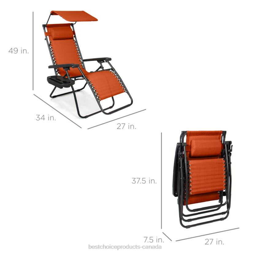 4LT2785 Burnt Orange Best Choice Products Folding Zero Gravity Recliner Patio Lounge Chair w/ Canopy, Side Tray