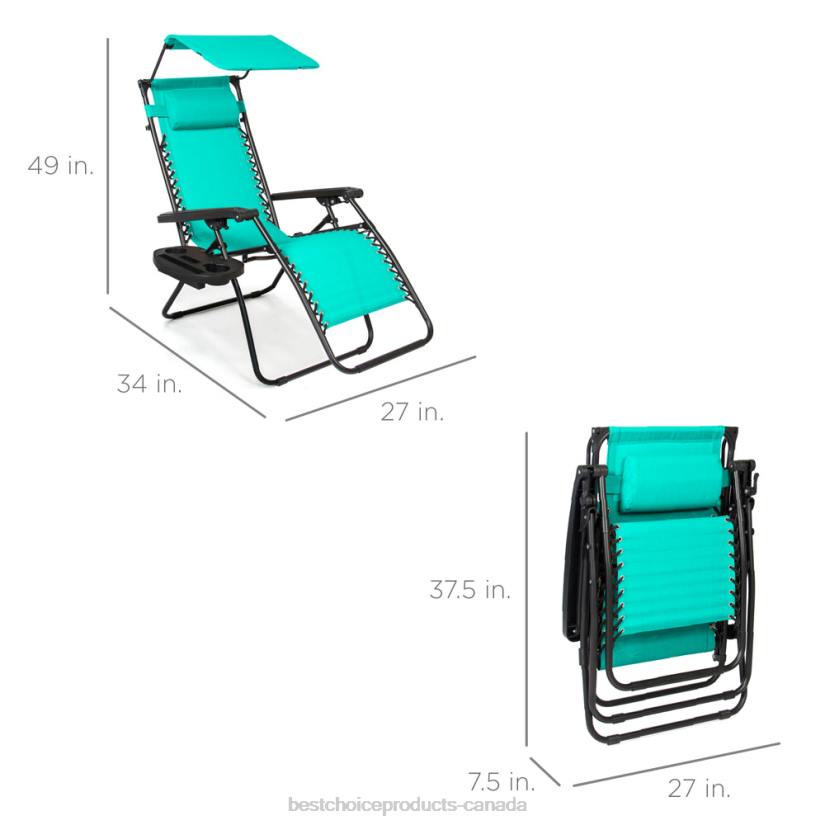 4LT2786 Mint Best Choice Products Folding Zero Gravity Recliner Patio Lounge Chair w/ Canopy, Side Tray