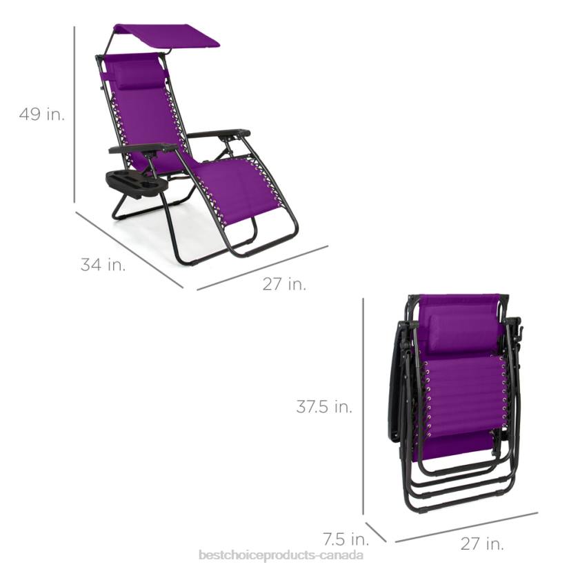 4LT2787 Amethyst Purple Best Choice Products Folding Zero Gravity Recliner Patio Lounge Chair w/ Canopy, Side Tray