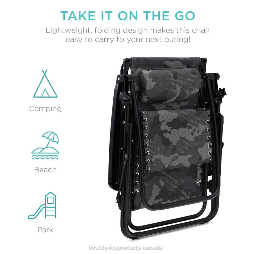 4LT2788 Camouflage Best Choice Products Folding Zero Gravity Recliner Patio Lounge Chair w/ Canopy, Side Tray