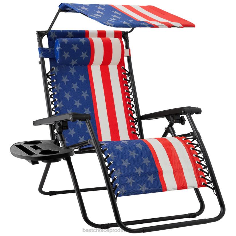 4LT2790 American Flag Best Choice Products Folding Zero Gravity Recliner Patio Lounge Chair w/ Canopy, Side Tray