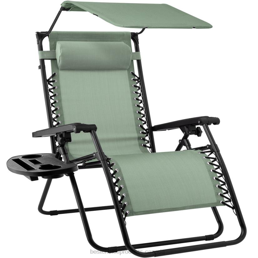4LT2791 Sage Green Best Choice Products Folding Zero Gravity Recliner Patio Lounge Chair w/ Canopy, Side Tray