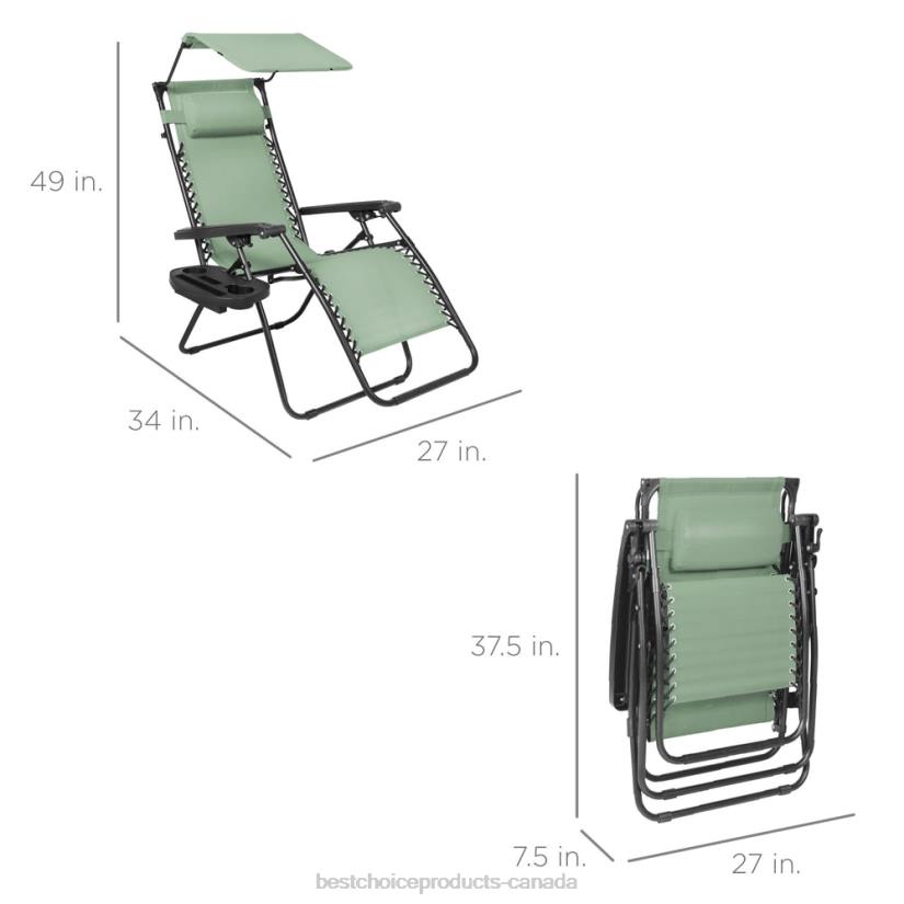 4LT2791 Sage Green Best Choice Products Folding Zero Gravity Recliner Patio Lounge Chair w/ Canopy, Side Tray