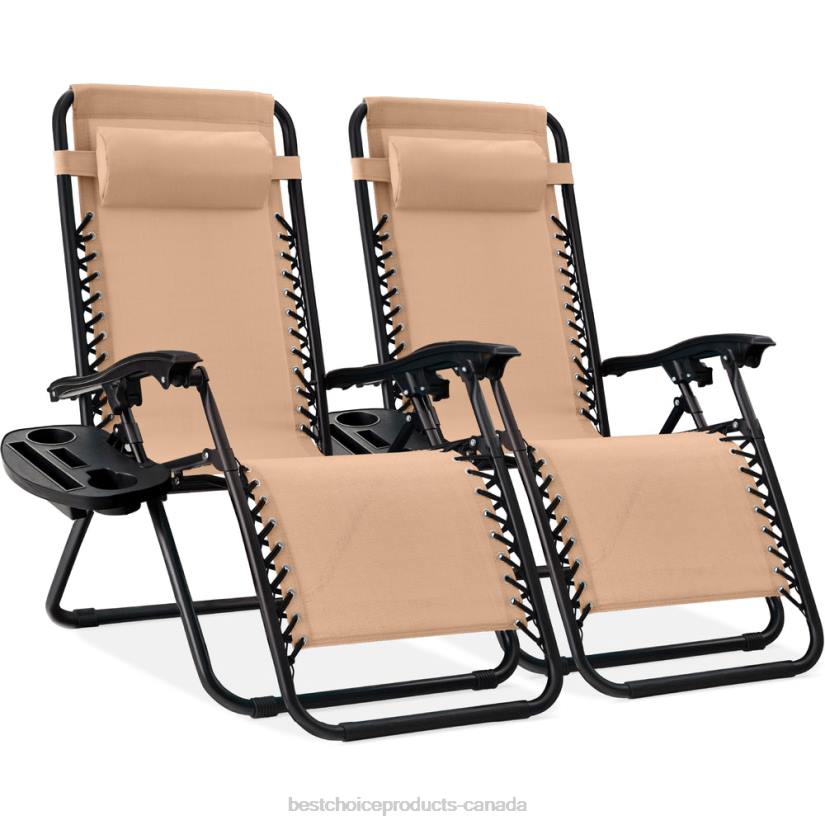 4LT2797 Beige Best Choice Products Set of 2 Adjustable Zero Gravity Patio Chair Recliners w/ Cup Holders