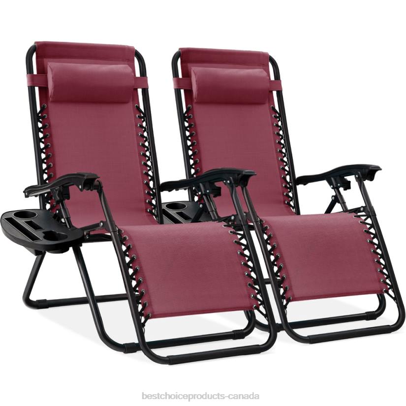 4LT2798 Burgundy Best Choice Products Set of 2 Adjustable Zero Gravity Patio Chair Recliners w/ Cup Holders