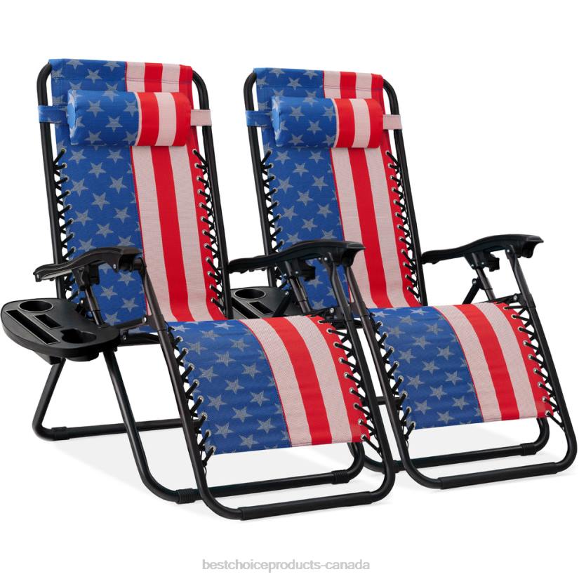 4LT2802 American Flag Best Choice Products Set of 2 Adjustable Zero Gravity Patio Chair Recliners w/ Cup Holders