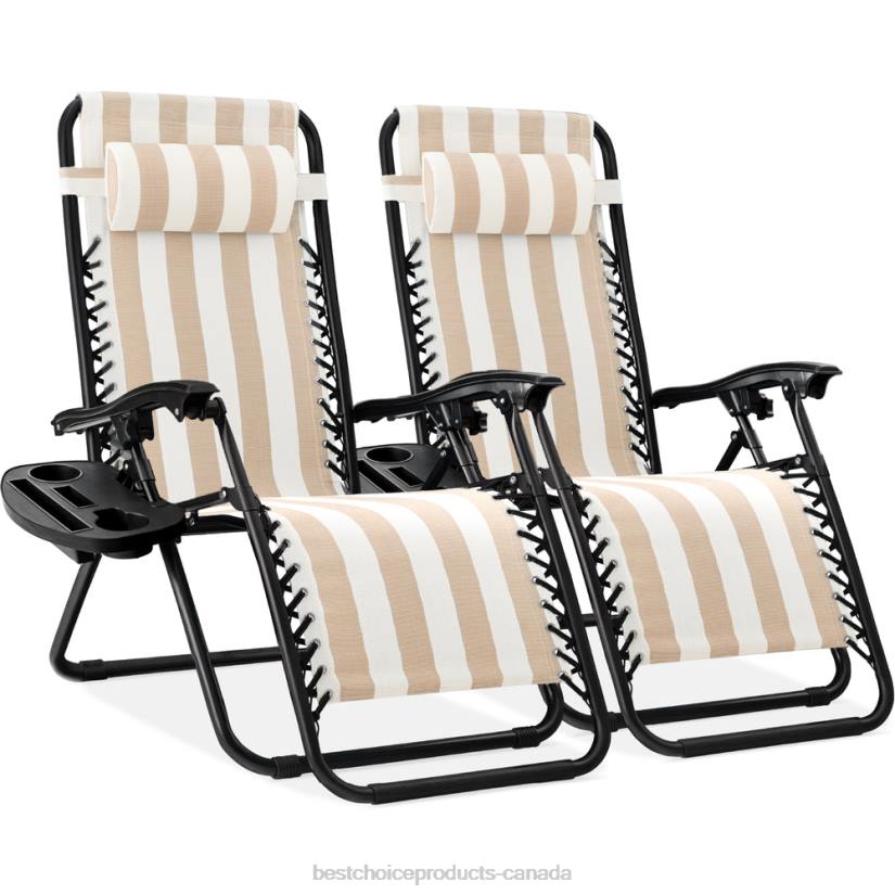 4LT2807 Tan Striped Best Choice Products Set of 2 Adjustable Zero Gravity Patio Chair Recliners w/ Cup Holders