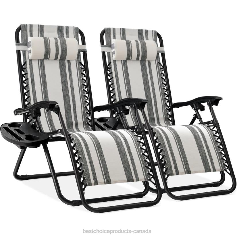 4LT2814 Gray Stripes Best Choice Products Set of 2 Adjustable Zero Gravity Patio Chair Recliners w/ Cup Holders