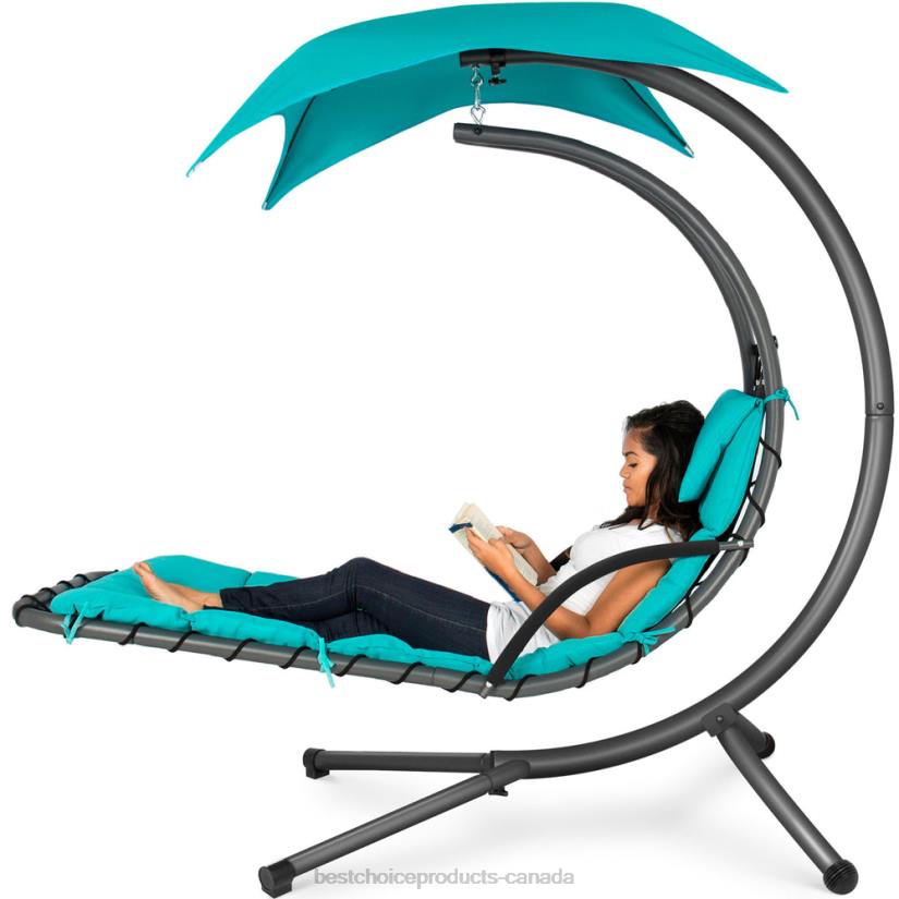 4LT2818 Blue Best Choice Products Hanging Curved Chaise Lounge Chair w/ Built-In Pillow, Removable Canopy
