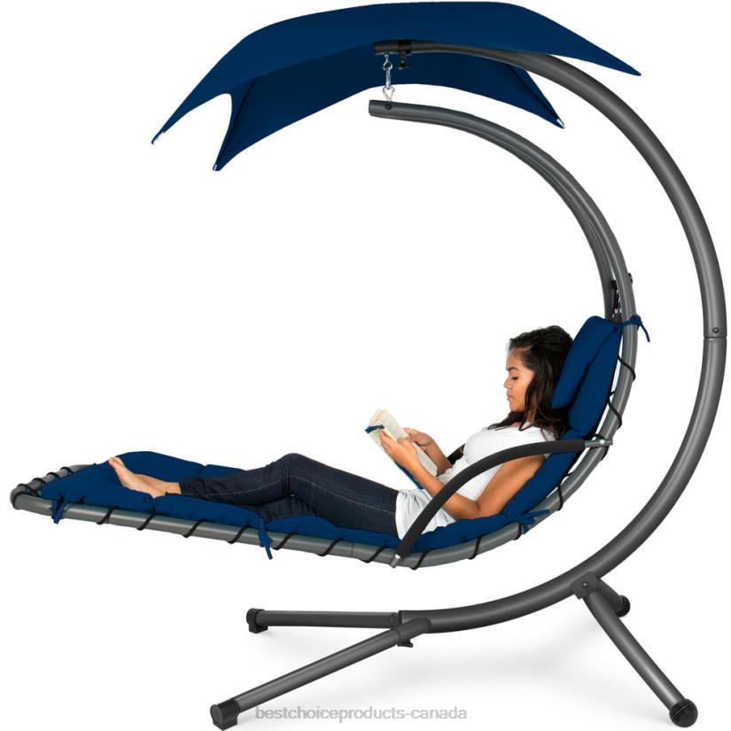 4LT2819 Navy Blue Best Choice Products Hanging Curved Chaise Lounge Chair w/ Built-In Pillow, Removable Canopy